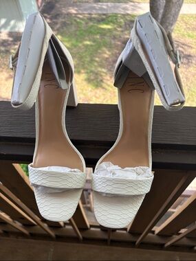 INC International Concepts White Textured Block Heel Sandals with Ankle Strap